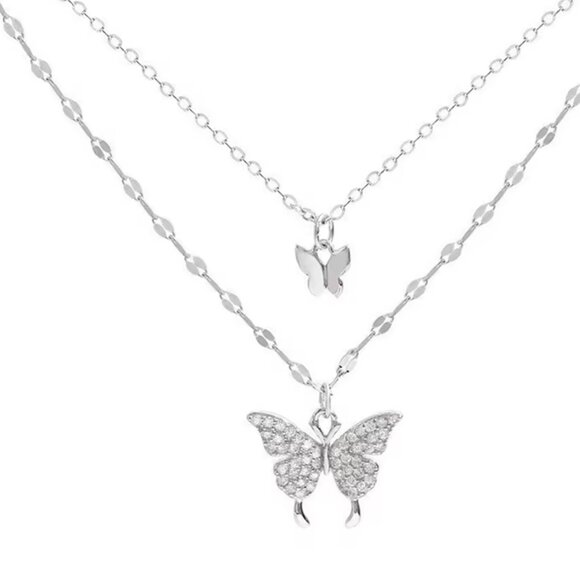 Stainless Steel Silver Double Layered Butterfly Necklace - Picture 2 of 5